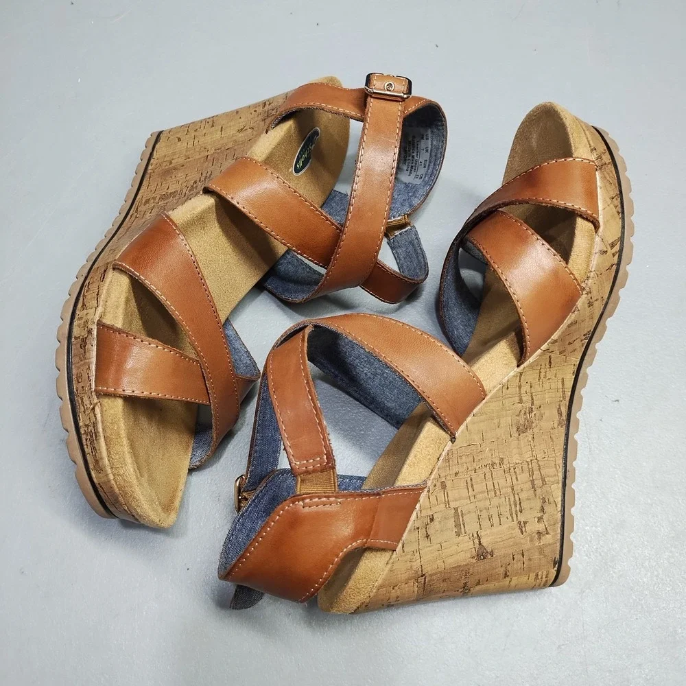 Dr. Scholl's Savory Wedge Sandals Womens Size 9M Brown Leather Ankle Strap EUC